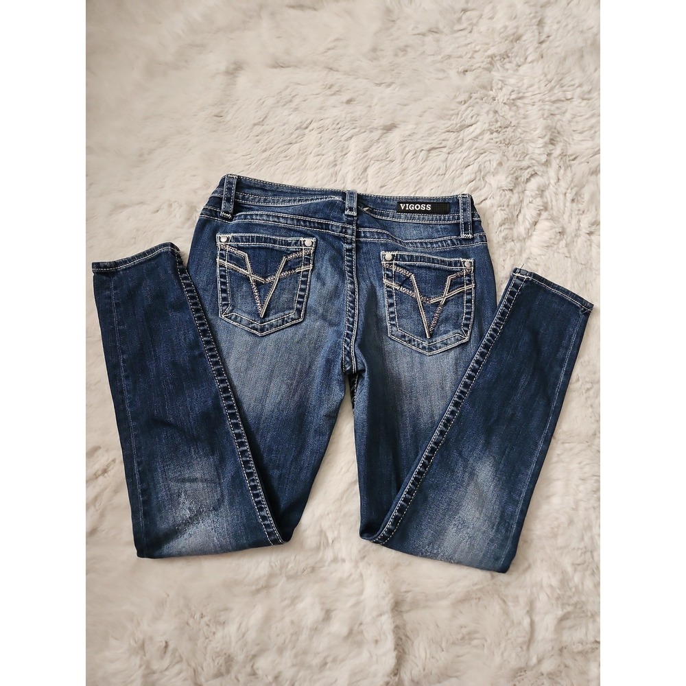 Vigoss Chelsea Skinny Denim Jeans 31 Thick Stitch Embellished Y2K Indie McBling